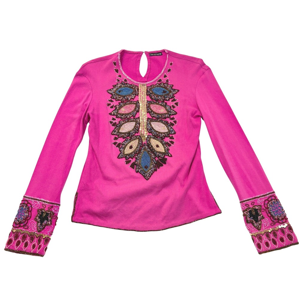 Vintage Y2k Christiana Beaded Embellished Pink Long Sleeve Cotton Top M